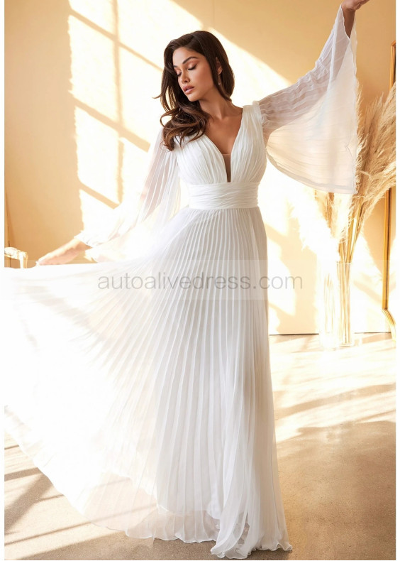 Ivory Pleated Chiffon V Open Back Wedding Dress